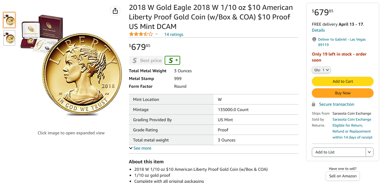 The 2018 W Gold Eagle 1/10 oz American Liberty Proof Gold Coin.